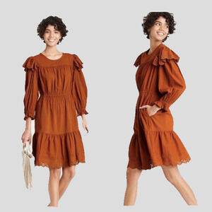 Universal Thread Brown Ruffle Long Sleeve Ruffle Dress Size Medium